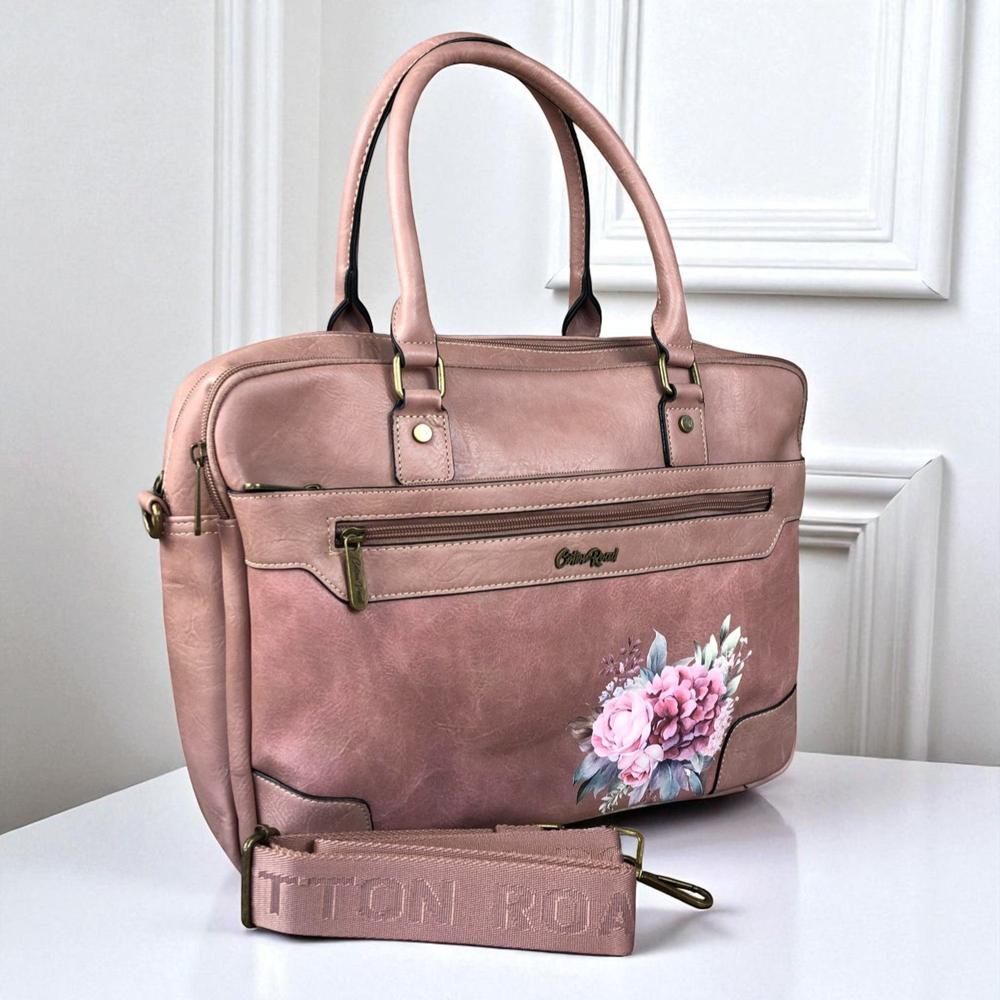 Cotton Road Laptop Bag: PINK PU Leather Bag with FLOWERS