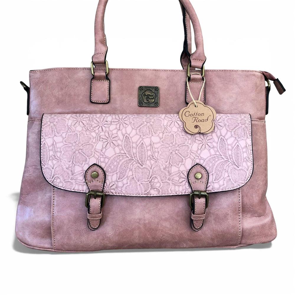 Cotton Road Laptop Bag: PINK PU Leather Lace Print Design