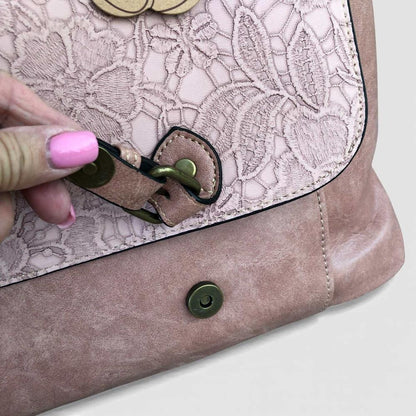 Cotton Road Laptop Bag: PINK PU Leather Lace Print Design