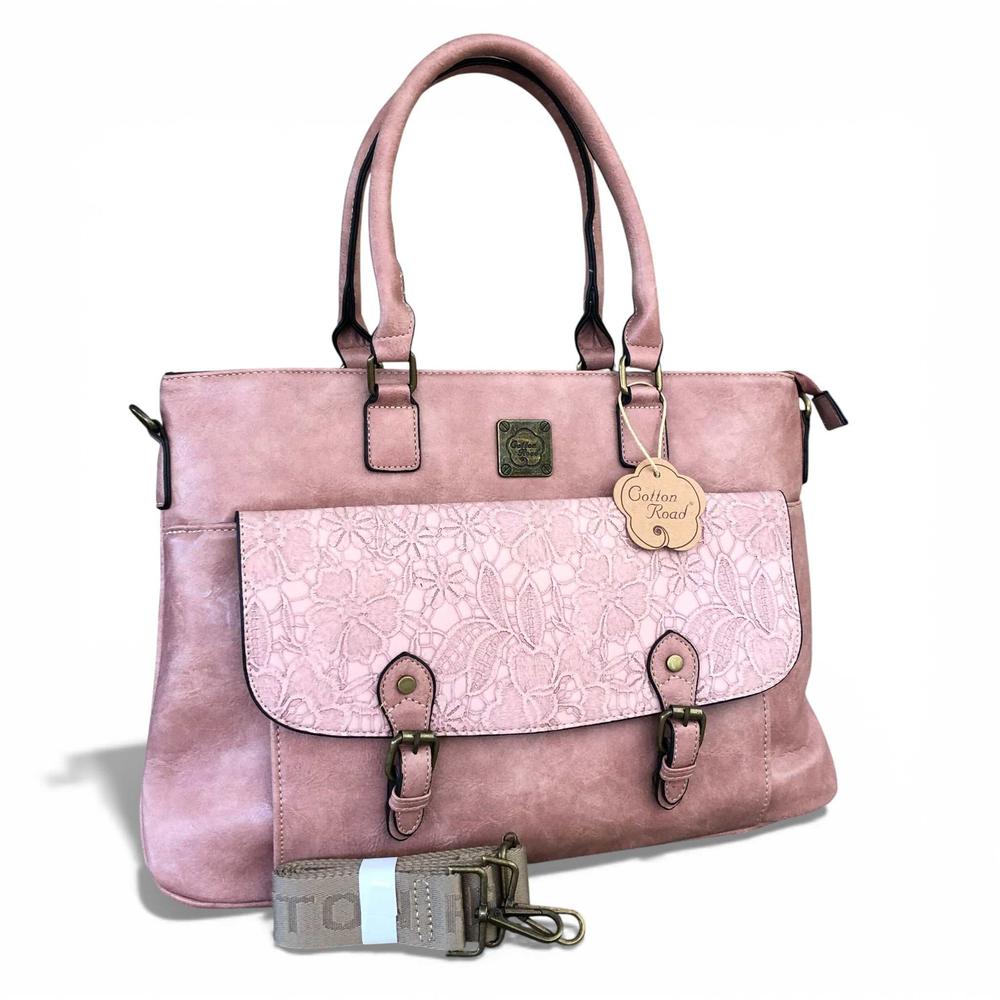 Cotton Road Laptop Bag: PINK PU Leather Lace Print Design