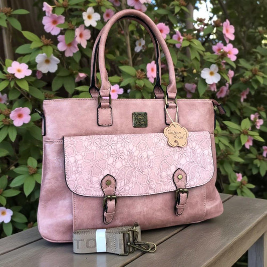 Cotton Road Laptop Bag: PINK PU Leather Lace Print Design