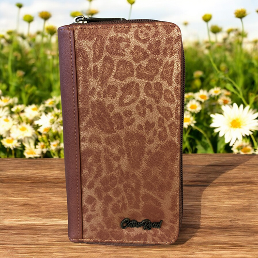 Cotton Road Large TAN PU Leather Wallet with LEOPARD Print