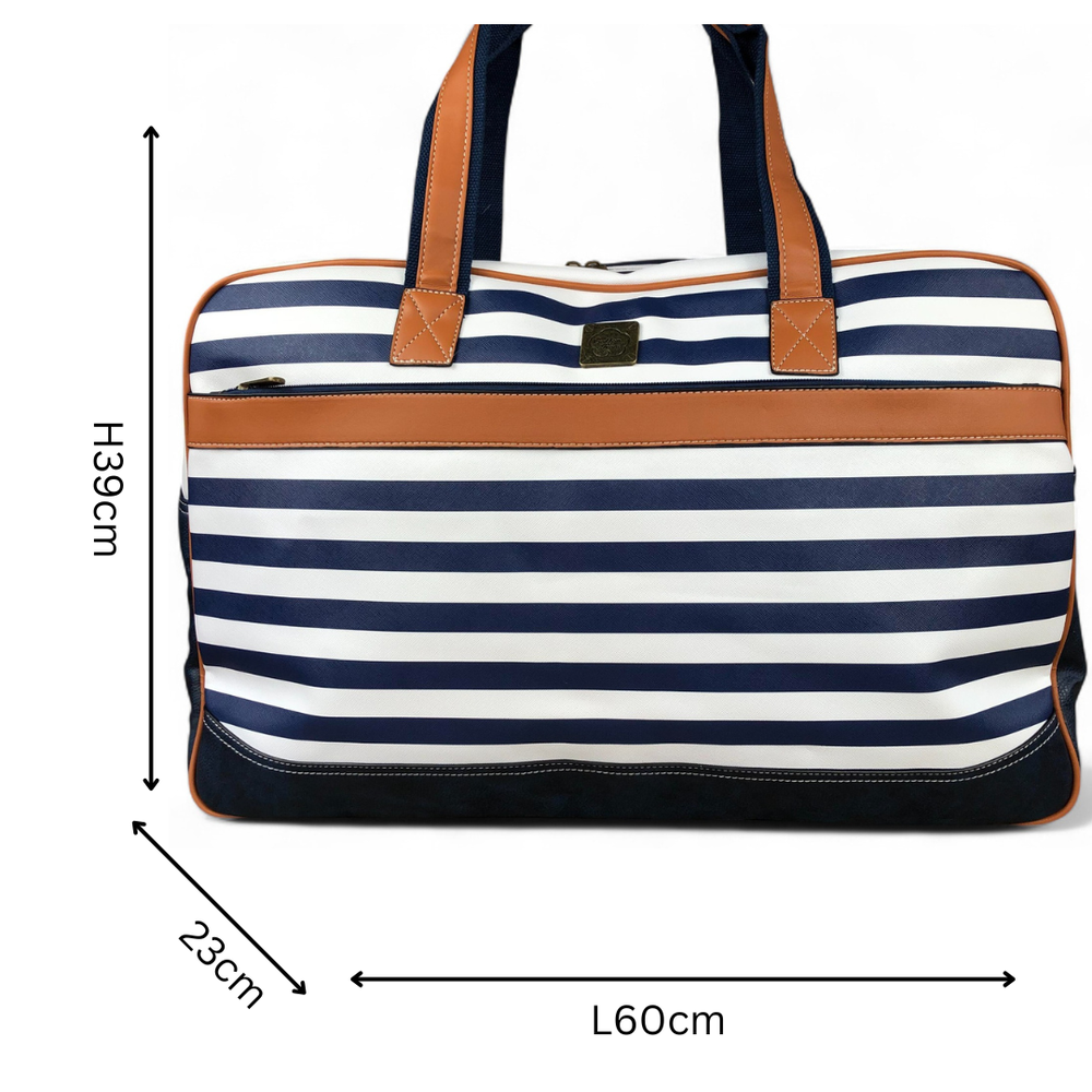 Cotton Road NAVY and WHITE PVC Travel Bag with STRIPES and TAN Trim