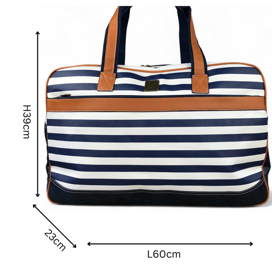 Cotton Road NAVY and WHITE PVC Travel Bag with STRIPES and TAN Trim