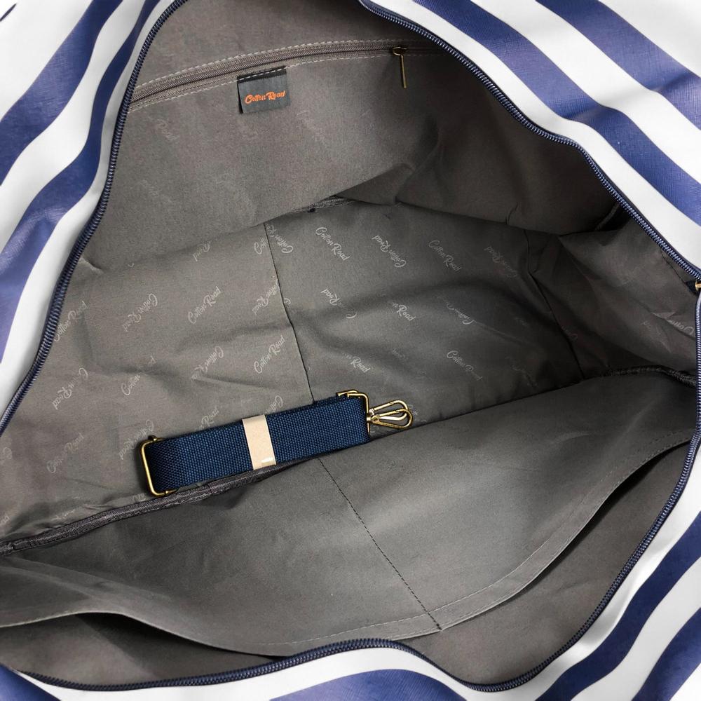 Cotton Road NAVY and WHITE PVC Travel Bag with STRIPES and TAN Trim
