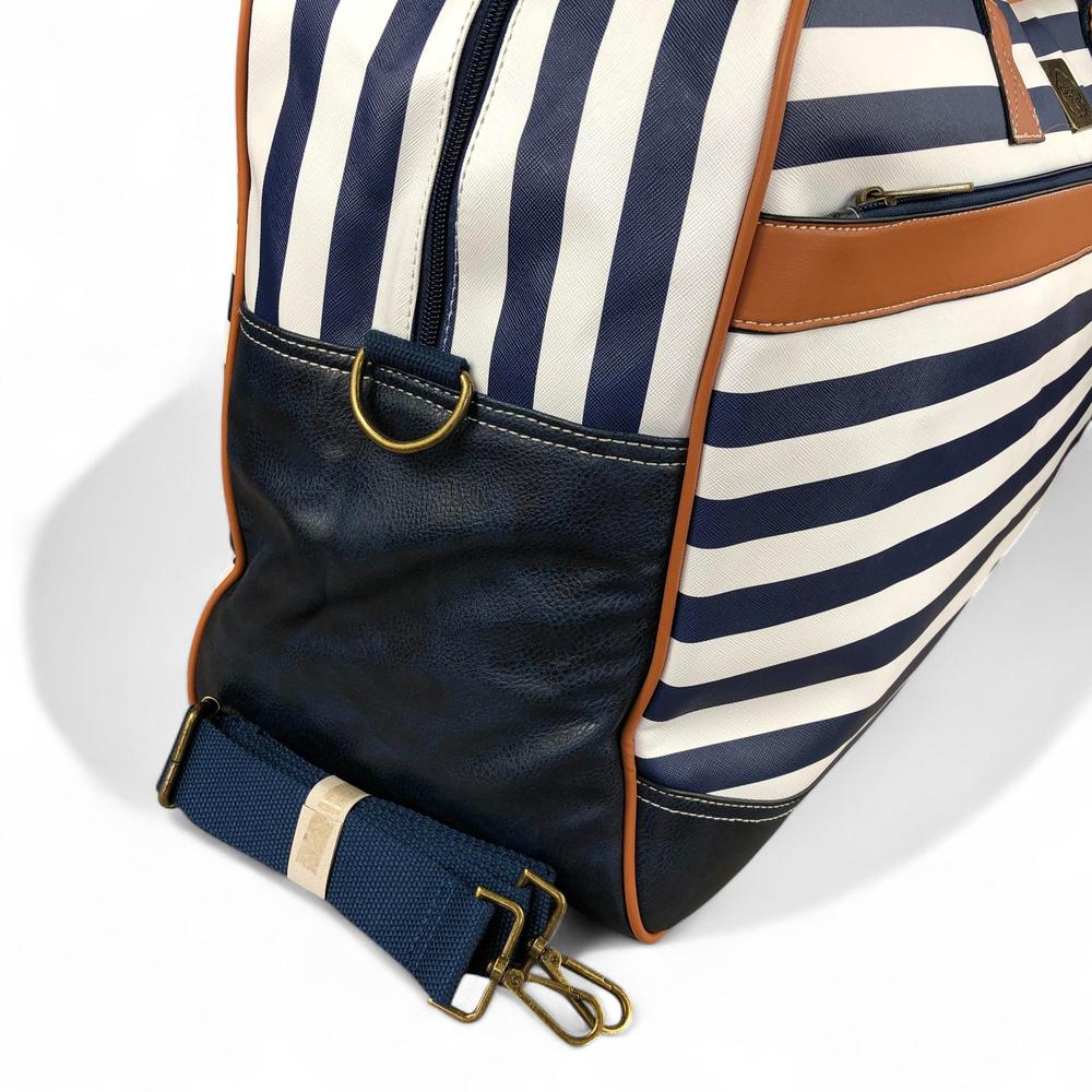 Cotton Road NAVY and WHITE PVC Travel Bag with STRIPES and TAN Trim