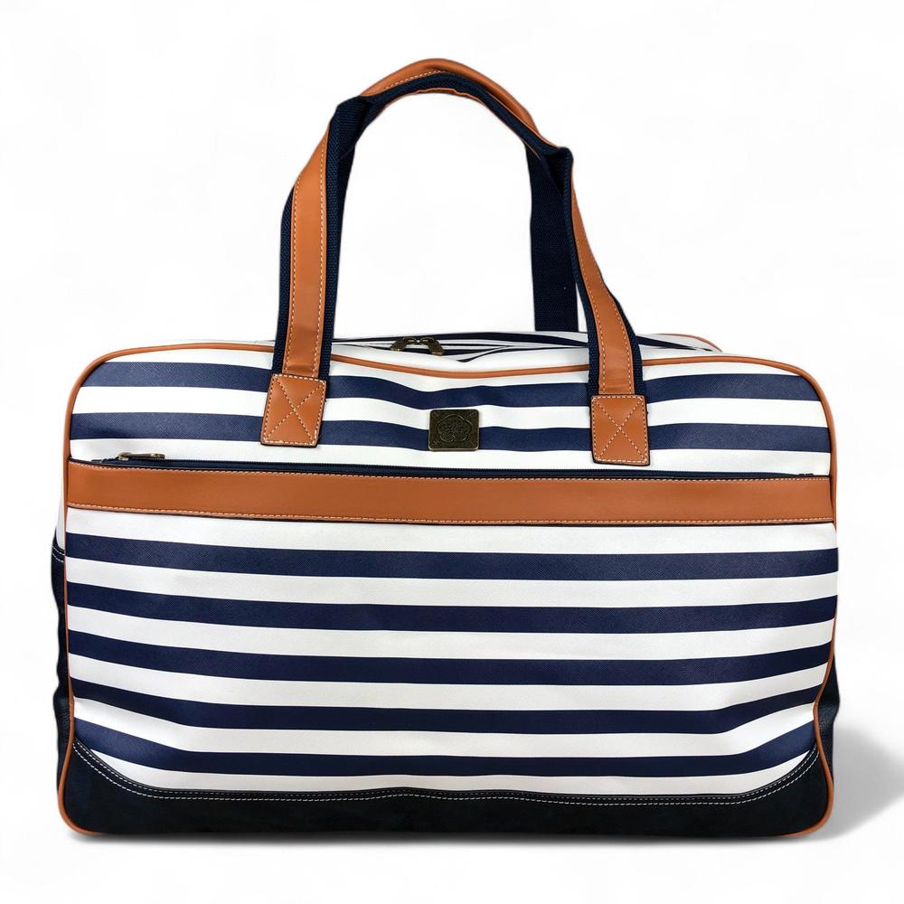 Cotton Road NAVY and WHITE PVC Travel Bag with STRIPES and TAN Trim