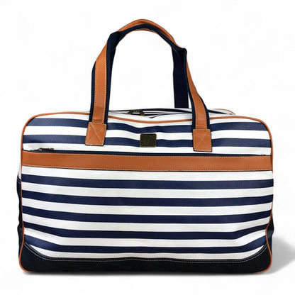 Cotton Road NAVY and WHITE PVC Travel Bag with STRIPES and TAN Trim