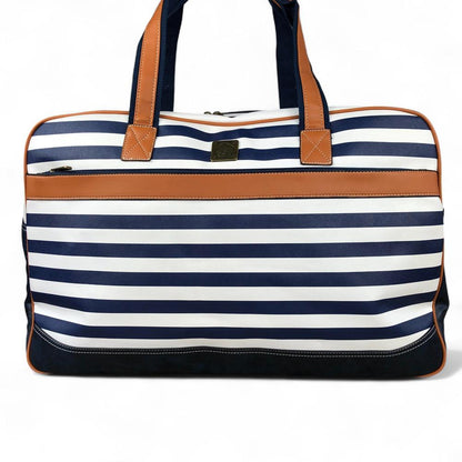 Cotton Road NAVY and WHITE PVC Travel Bag with STRIPES and TAN Trim