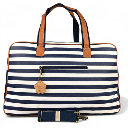 Cotton Road NAVY and WHITE PVC Travel Bag with STRIPES and TAN Trim