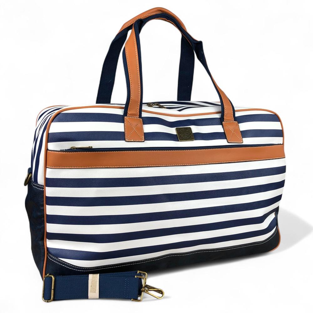 Cotton Road NAVY and WHITE PVC Travel Bag with STRIPES and TAN Trim
