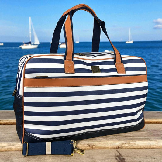 Cotton Road NAVY and WHITE PVC Travel Bag with STRIPES and TAN Trim