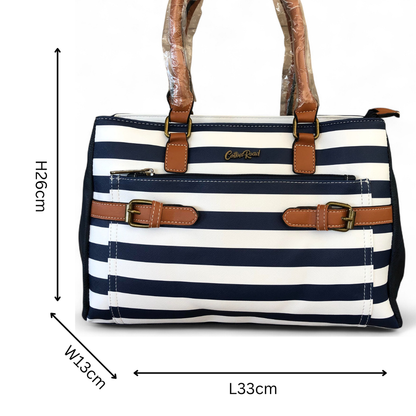 Cotton Road NAVY and WHITE STRIPED PVC Handbag with BUCKLE detailing