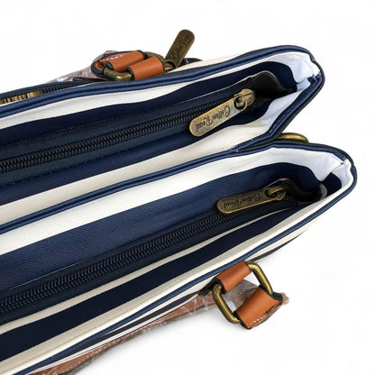 Cotton Road NAVY and WHITE STRIPED PVC Handbag with BUCKLE detailing