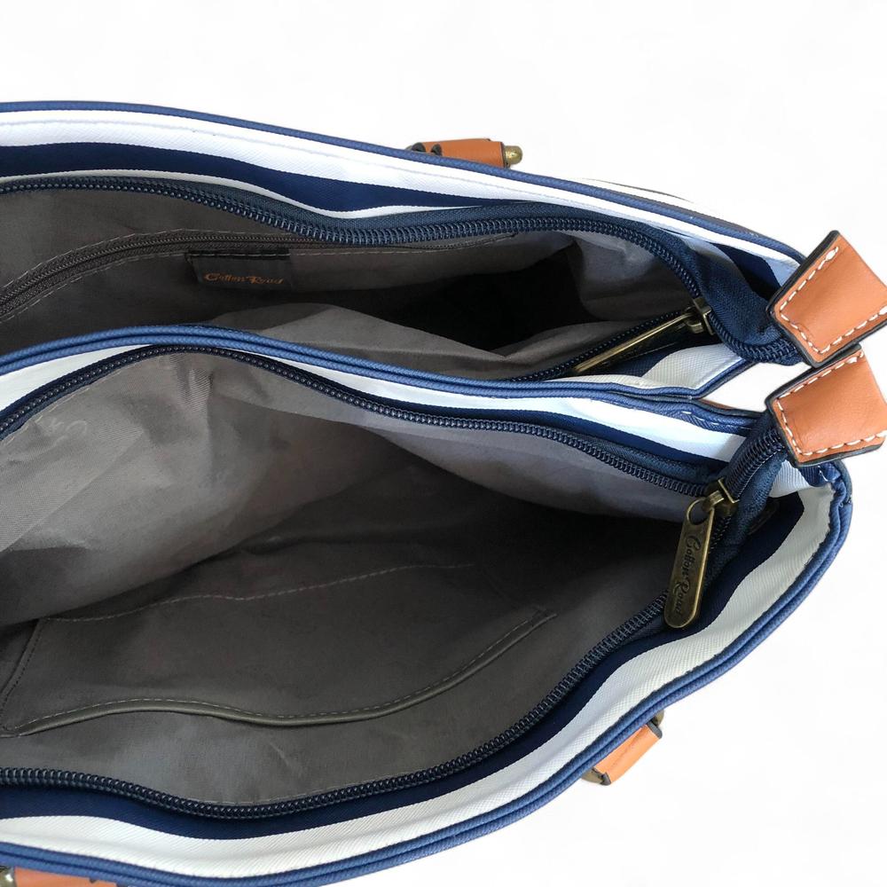 Cotton Road NAVY and WHITE STRIPED PVC Handbag with BUCKLE detailing