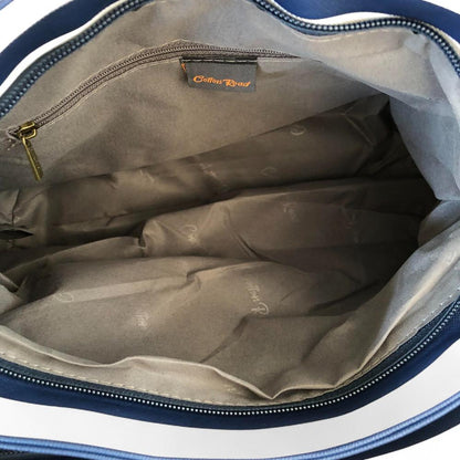 Cotton Road NAVY and WHITE STRIPED PVC Handbag with BUCKLE detailing