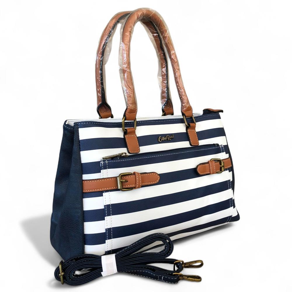 Cotton Road NAVY and WHITE STRIPED PVC Handbag with BUCKLE detailing