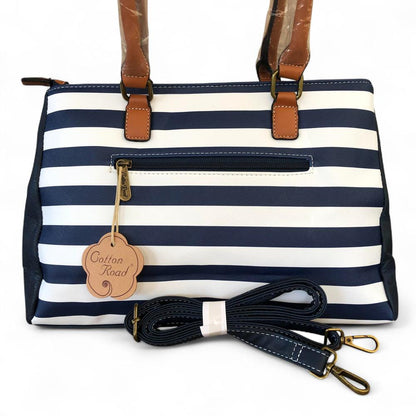 Cotton Road NAVY and WHITE STRIPED PVC Handbag with BUCKLE detailing