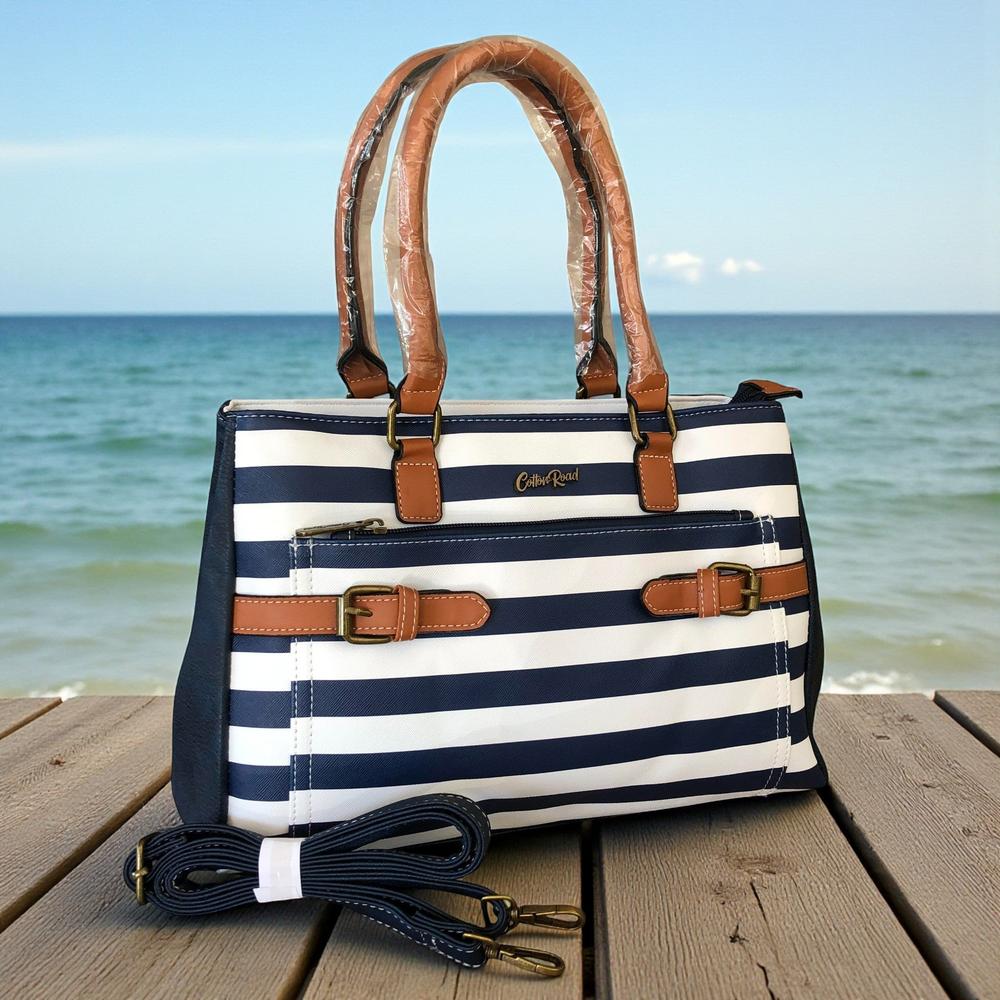Cotton Road NAVY and WHITE STRIPED PVC Handbag with BUCKLE detailing