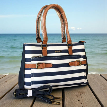 Cotton Road NAVY and WHITE STRIPED PVC Handbag with BUCKLE detailing