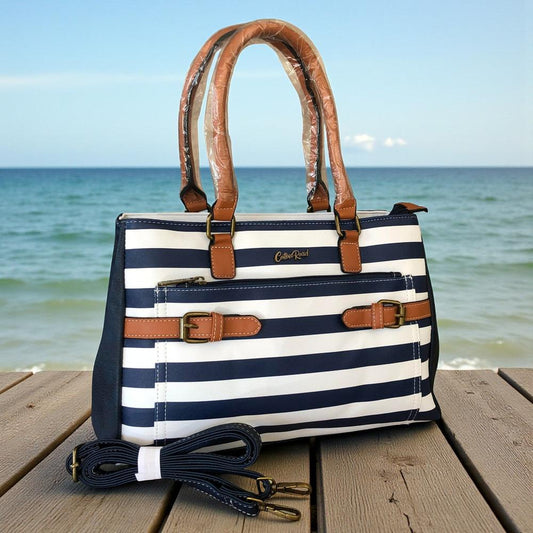 Cotton Road NAVY and WHITE STRIPED PVC Handbag with BUCKLE detailing