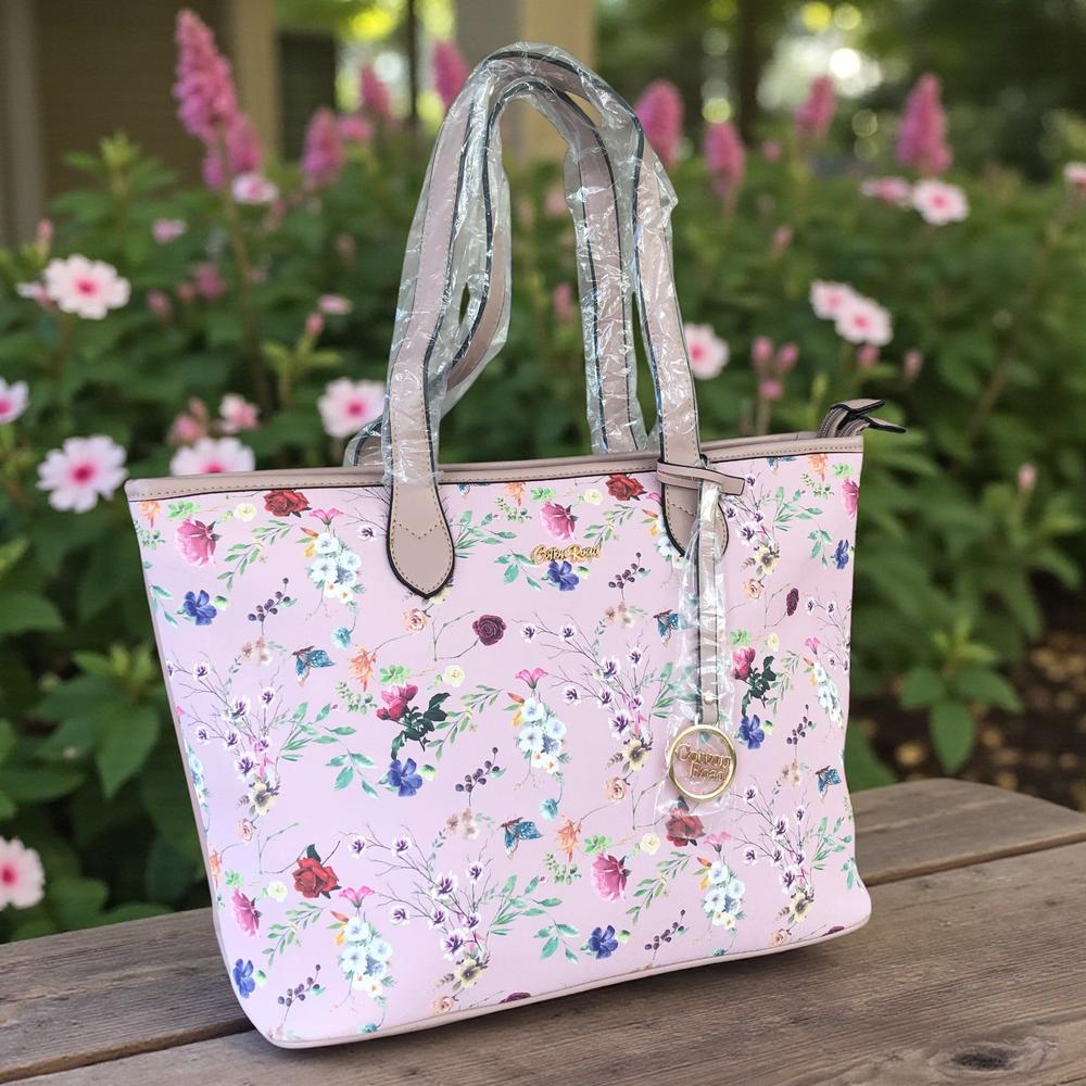 Cotton Road PINK PU LEATHER Handbag with FLORAL Panel