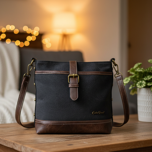 Cotton Road Sling Bag: BLACK Canvas and PU Leather Casual Bag