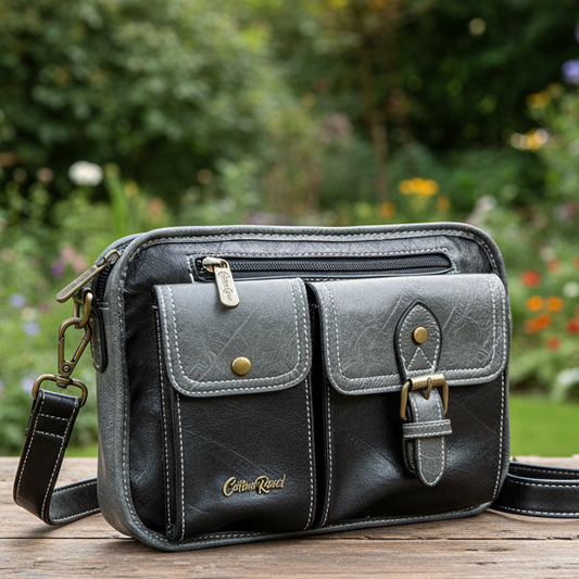 Cotton Road Sling Bag: BLACK PU Leather Bag with GREY Trim and Buckle detailing