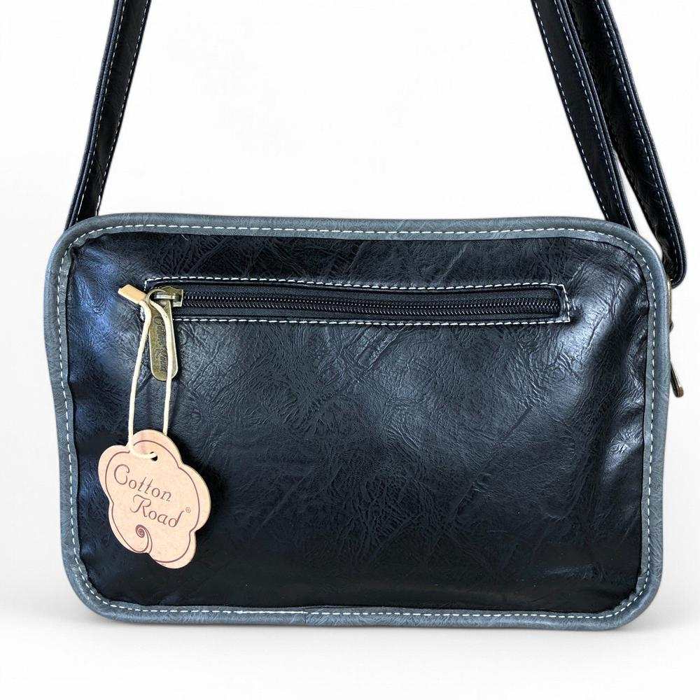 Cotton Road Sling Bag: BLACK PU Leather Bag with GREY Trim and Buckle detailing