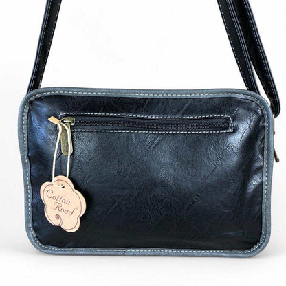 Cotton Road Sling Bag: BLACK PU Leather Bag with GREY Trim and Buckle detailing