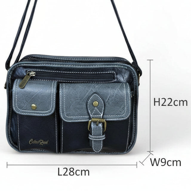 Cotton Road Sling Bag: BLACK PU Leather Bag with GREY Trim and Buckle detailing SIZED
