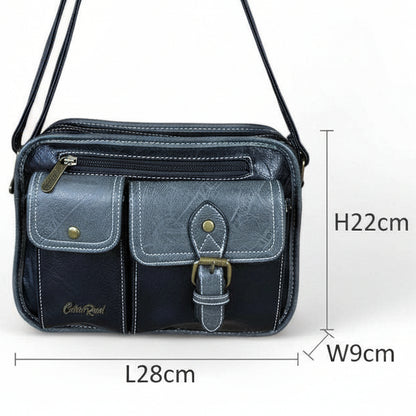 Cotton Road Sling Bag: BLACK PU Leather Bag with GREY Trim and Buckle detailing SIZED