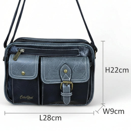 Cotton Road Sling Bag: BLACK PU Leather Bag with GREY Trim and Buckle detailing SIZED
