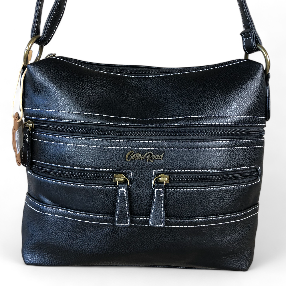 Cotton Road Sling Bag: BLACK PU Leather Cotton Road Sling Bag FRONT VIEW