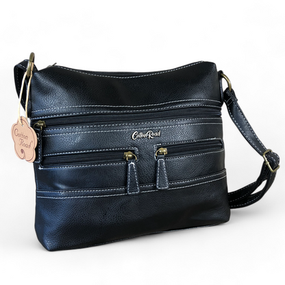 Cotton Road Sling Bag: BLACK PU Leather Cotton Road Sling Bag POCKETS VIEW