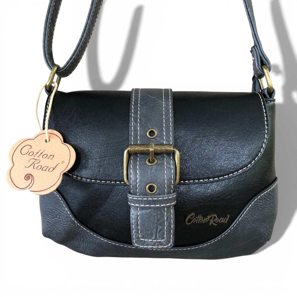 Cotton Road Sling Bag: BLACK PU Leather Sling Bag with BUCKLE CLIP braded