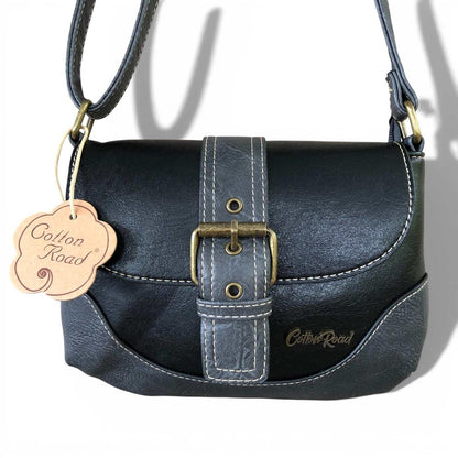 Cotton Road Sling Bag: BLACK PU Leather Sling Bag with BUCKLE CLIP braded
