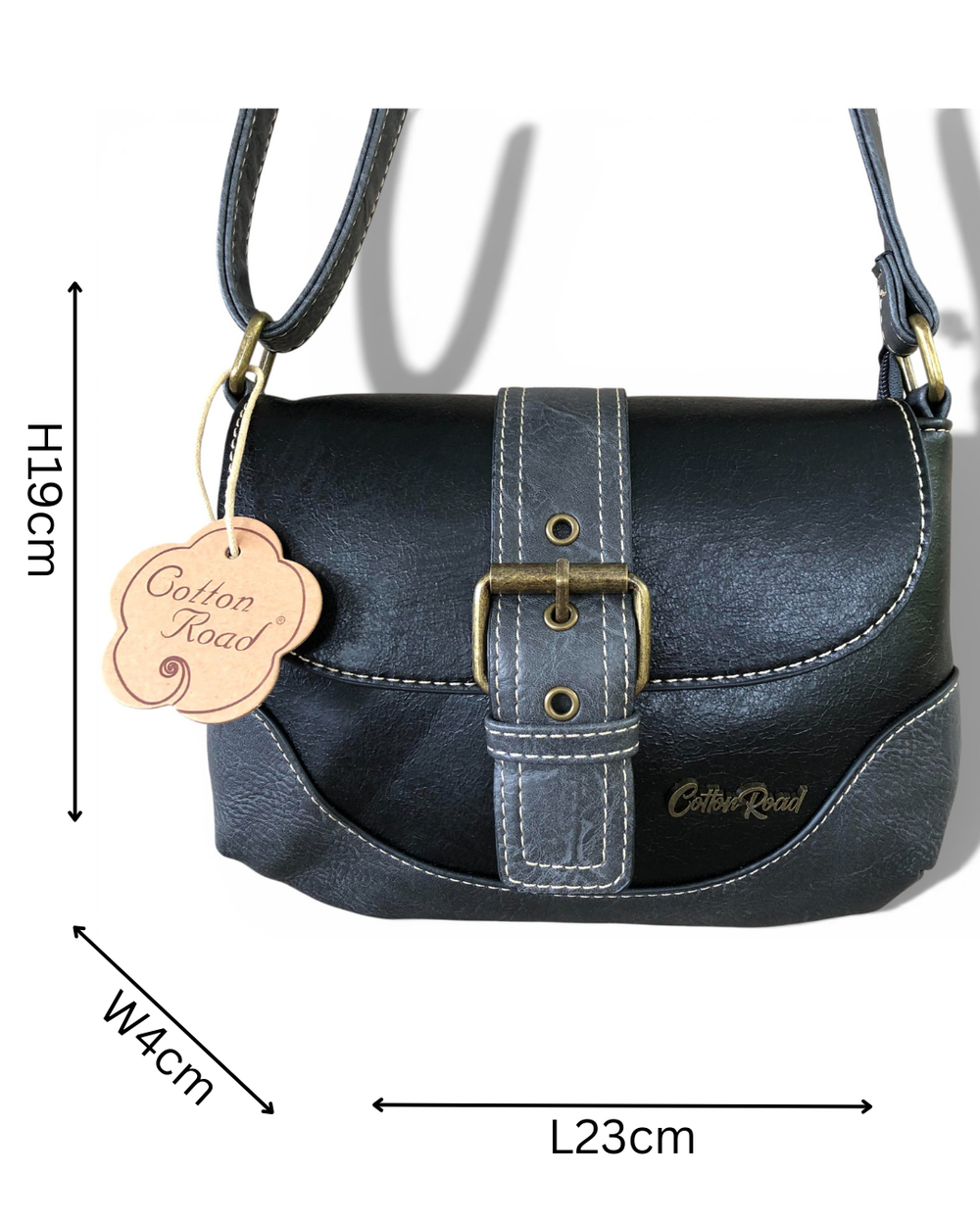 Cotton Road Sling Bag: BLACK PU Leather Sling Bag with BUCKLE CLIP with sizes