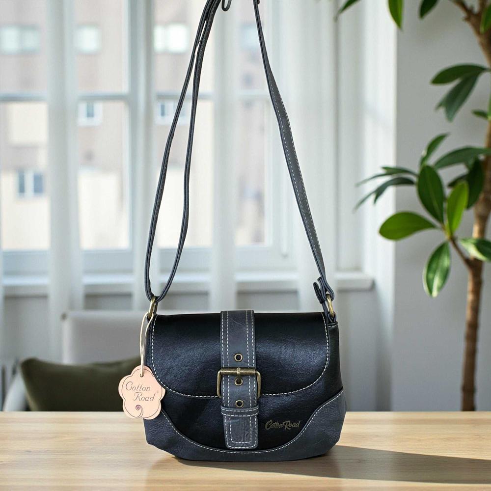Cotton Road Sling Bag: BLACK PU Leather Sling Bag with BUCKLE CLIP full view