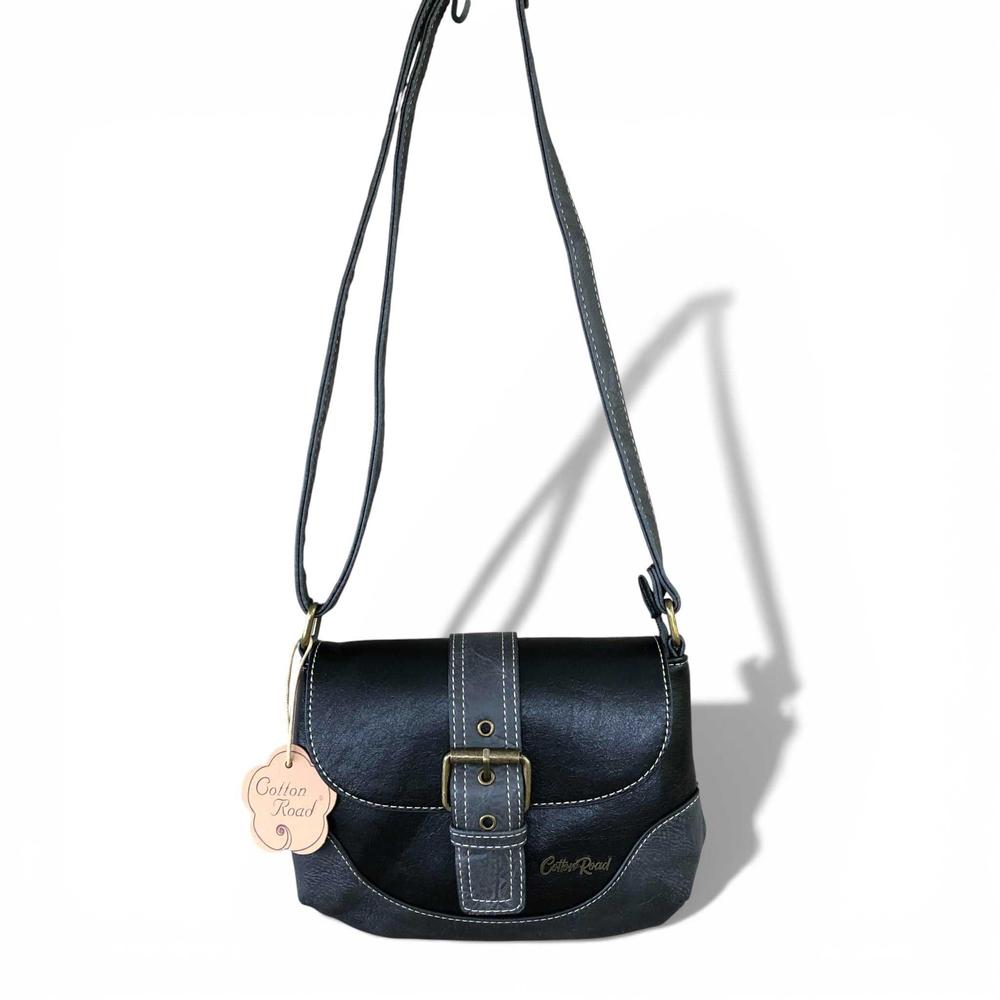Cotton Road Sling Bag: BLACK PU Leather Sling Bag with BUCKLE CLIP with sling