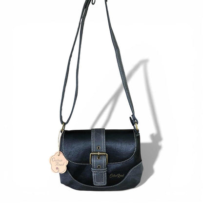 Cotton Road Sling Bag: BLACK PU Leather Sling Bag with BUCKLE CLIP with sling