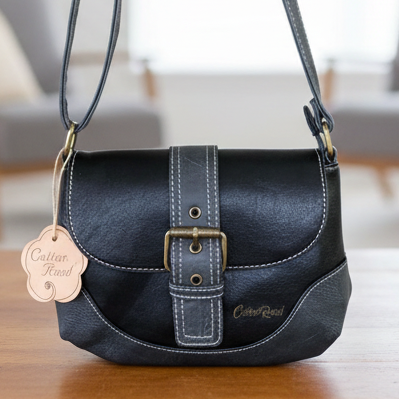 Cotton Road Sling Bag: BLACK PU Leather with Buckle Clip
