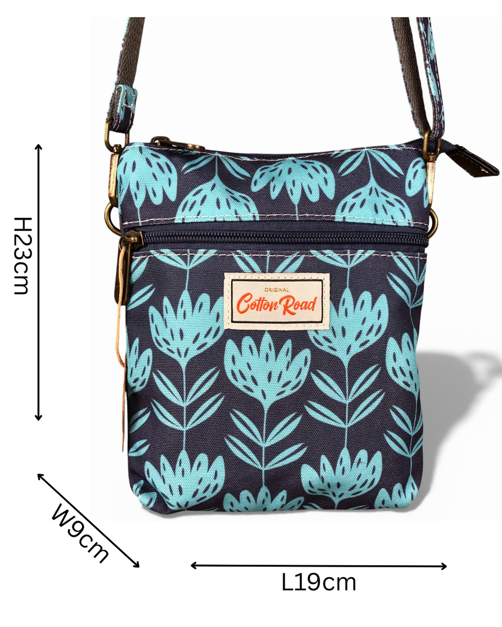 Cotton Road Sling Bag: BLUE Canvas Mini Sling Bag with PROTEAS