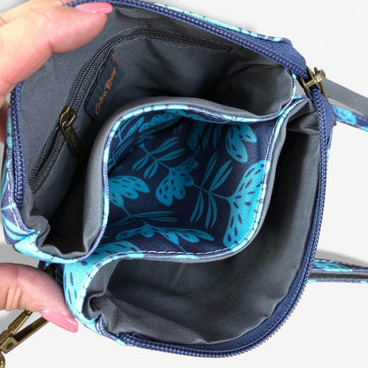 Cotton Road Sling Bag: BLUE Canvas Mini Sling Bag with PROTEAS