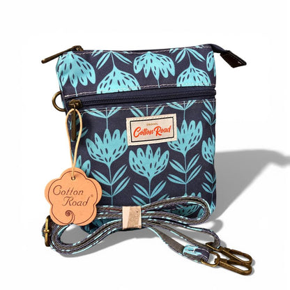 Cotton Road Sling Bag: BLUE Canvas Mini Sling Bag with PROTEAS