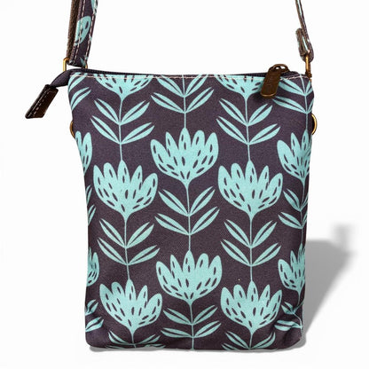 Cotton Road Sling Bag: BLUE Canvas Mini Sling Bag with PROTEAS