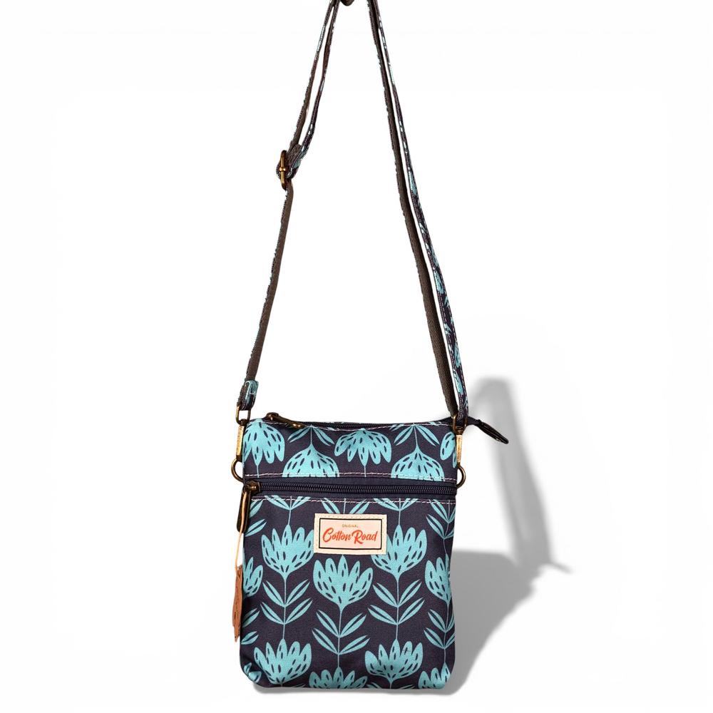 Cotton Road Sling Bag: BLUE Canvas Mini Sling Bag with PROTEAS