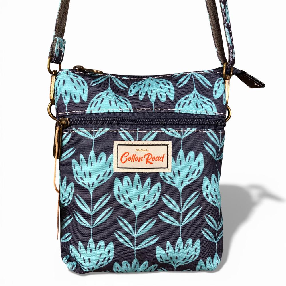 Cotton Road Sling Bag: BLUE Canvas Mini Sling Bag with PROTEAS