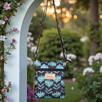 Cotton Road Sling Bag: BLUE Canvas Mini Sling Bag with PROTEAS