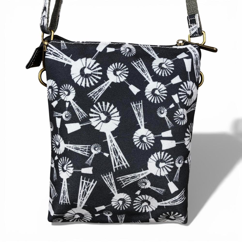 Cotton Road Sling Bag: BLUE Canvas Mini Sling Bag with WINDMILLS